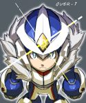  android capcom character_name commentary_request from_above fur_trim green_eyes grey_background helmet highres looking_at_viewer looking_up male_focus over-1_(rockman) rockman rockman_xover simple_background solo tonami_kanji 