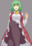  ascot breasts commentary eyebrows_visible_through_hair feet_out_of_frame frilled_skirt frills green_hair grey_background hand_up highres kakone kazami_yuuka knee_up large_breasts leaning_back lips long_sleeves looking_at_viewer open_mouth pantyhose plaid plaid_skirt plaid_vest red_eyes red_skirt red_vest shirt short_hair simple_background sitting skirt solo teeth tongue touhou vest white_shirt yellow_neckwear 