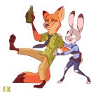  2018 anthro barefoot canine clothed clothing digital_media_(artwork) disney drunk duo female fluttershythekind fox fur green_eyes judy_hopps lagomorph male mammal nick_wilde orange_fur purple_eyes rabbit simple_background smile white_background zootopia 