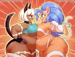  2018 animal_humanoid bangs belly belly_squish big_belly big_butt blue_eyes blue_hair breast_squish breasts breasts_frottage butt capcom cat_humanoid claws clothing collar crossover darkstalkers digital_media_(artwork) duo eye_contact fangs felicia_(darkstalkers) feline female fingerless_gloves gloves hair hand_on_hip humanoid long_hair mammal nadia_fortune nekocrispy open_mouth overweight overweight_female short_hair side_view skullgirls smile thick_thighs video_games white_hair 