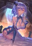  ahoge arm_support ass azur_lane bangs bare_shoulders bed blue_hair blush breasts cleavage clothes_tug commentary_request curtains dress elbow_gloves eyebrows_visible_through_hair garter_straps gloves hair_between_eyes hair_ornament hair_ribbon large_breasts light_particles light_rays long_hair looking_at_viewer nadare-san_(nadare3nwm) on_bed ponytail purple_eyes ribbon sideboob sidelocks signature sitting smile solo st._louis_(azur_lane) thighhighs thighs tress_ribbon white_gloves white_legwear window 