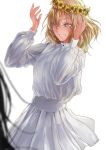  bangs bc_freedom_military_uniform blonde_hair blue_eyes blurry blurry_foreground depth_of_field dress_shirt flower flower_request girls_und_panzer grin hair_flower hair_ornament head_wreath high_collar highres kani_aruki_(bucket_crawl) looking_to_the_side medium_hair military military_uniform miniskirt oshida_(girls_und_panzer) pleated_skirt shirt simple_background skirt smile standing uniform upper_body white_background white_shirt white_skirt 