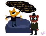  angus_(nitw) anthro bear blue_eyes bodoodles brown_fur canine dancing eyewear fangs fox fur glasses gregg_(nitw) hat male mammal night_in_the_woods simple_background singing sofa waving_arms white_background yellow_fur 