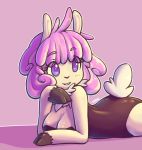  2018 anthro big_eyes biped black_clothing black_hooves blue_eyes breasts caprine cleavage clothed clothing digital_media_(artwork) eyebrows eyebrows_visible_through_hair female fur goat hair hi_res hooves long_hair looking_at_viewer lying mammal on_front pink_hair pose purple_background side_view signature simple_background smile solo spikedmauler white_fur white_tail 