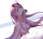  breasts darling_in_the_franxx fish green_eyes hair_censor hair_over_breasts highres horns long_hair looking_to_the_side medium_breasts mouth_hold nude pink_hair shi_qi_kuang_beng solo upper_body zero_two_(darling_in_the_franxx) 