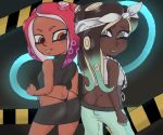  2018 breasts butt cephalopod clothed clothing dark_skin digital_media_(artwork) duo female humanoid inkling marina marina_(splatoon) marine nintendo not_furry octoling simple_background sin-buttons_(artist) smile splatoon standing tentacle_hair tentacles video_games 