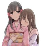  :t azuko_(ampenm) blush braid brown_eyes brown_hair closed_eyes eyebrows_visible_through_hair floral_print flower hair_flower hair_ornament holding_hands hug hug_from_behind idolmaster idolmaster_cinderella_girls japanese_clothes kimono kobayakawa_sae long_hair long_sleeves mizumoto_yukari multiple_girls obi pink_kimono pout print_kimono sash simple_background smile straight_hair white_background yuri 