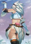  arm_up ass back bare_shoulders boots breasts cloud commentary cowboy_shot crop_top dagger elbow_gloves from_behind fur_trim gloves heart horn_ornament iltusa kirin_(armor) medium_breasts midriff monster_hunter monster_hunter:_world outdoors panties panty_peek pelvic_curtain skirt sky sleeveless solo standing thigh_boots thighhighs underwear vambraces water weapon wet white_hair 