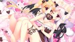  2girls ass bed blonde_hair chocolate demon dress horns jpeg_artifacts logo long_hair panties pink_eyes pink_hair ribbons succubus tagme_(character) tail twintails underwear wings wink yuyumatsu 