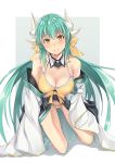  aqua_hair bare_shoulders bikini blush breasts cleavage fate/grand_order fate_(series) highres horns japanese_clothes kimono kiyohime_(fate/grand_order) kiyohime_(swimsuit_lancer)_(fate) kneeling long_hair looking_at_viewer medium_breasts mizoredama navel smile solo swimsuit very_long_hair yellow_bikini yellow_eyes 