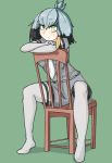  bird_wings black_hair blonde_hair bodystocking chair crossed_arms eyebrows_visible_through_hair green_eyes grey_hair head_wings kemono_friends long_sleeves multicolored_hair necktie no_shoes pantyhose shirt shoebill_(kemono_friends) short_hair short_over_long_sleeves short_sleeves shorts shumazarashi sitting sitting_backwards solo t-shirt teal_background uniform wings 