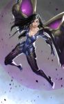  1girl black_hair bodysuit breasts facial_mark gloves kai&#039;sa league_of_legends lips long_hair purple_eyes purple_hair thigh_boots 