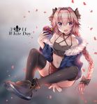  :3 :d astolfo_(fate) bangs bare_shoulders black_bow black_footwear black_legwear black_shirt blue_jacket blush bow box braid casual collarbone commentary crop_top cross dated eyebrows_visible_through_hair eyes_visible_through_hair falling_petals fang fate/apocrypha fate_(series) fingernails flat_chest full_body fur_collar gift gift_box glint hair_between_eyes hair_bow hair_intakes halter_top halterneck heart-shaped_box highres holding holding_gift jacket knees_apart_feet_together long_hair looking_at_viewer male_focus midriff miniskirt navel off_shoulder open_mouth otoko_no_ko petals pink_hair pleated_skirt purple_eyes red_ribbon red_skirt ribbon rose_petals shiny shiny_clothes shiny_hair shiny_skin shirt shoes sidelocks signature single_braid sitting skirt sleeveless sleeveless_shirt smile solo stomach thighhighs unzipped usagihime very_long_hair white_day zipper 
