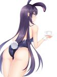  animal_ears ass bare_shoulders bunny_ears bunny_tail bunnysuit cowboy_shot cup date_a_live detached_collar fake_animal_ears feng_mouren from_behind highres holding holding_cup leaning_forward long_hair looking_at_viewer looking_back purple_eyes purple_hair simple_background solo tail thighs very_long_hair white_background wrist_cuffs yatogami_tooka 