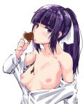  bangs blunt_bangs blush breasts breasts_outside chocolate chocolate_heart collarbone eyebrows_visible_through_hair heart long_hair looking_at_viewer narberal_gamma nipples open_clothes open_shirt overlord_(maruyama) ponytail purple_eyes purple_hair shirt small_breasts solo tarakan upper_body 