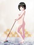  ass black_hair blue_eyes breasts broom itou_nobuhiro looking_at_viewer medium_breasts nipples nude short_hair smile solo tile_floor tiles 