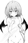 1girl bangs bat_wings blush clenched_hand collarbone commentary_request cowboy_shot eyebrows_visible_through_hair greyscale groin hair_between_eyes halftone hand_up highres holding hyurasan looking_at_viewer monochrome navel no_hat no_headwear nude out-of-frame_censoring remilia_scarlet short_hair shower_head simple_background solo standing stomach touhou wet white_background wings 