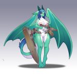  2018 anthro blue_hair blush breasts censored costom10 crossbow dragon female gradient_background green_body hair horn looking_at_viewer membranous_wings nude pussy ranged_weapon red_eyes simple_background solo standing weapon white_body wings 