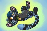  2017 animate_inanimate anthro bell blue_hair cat collar digital_drawing_(artwork) digital_media_(artwork) dipstick_tail featureless_crotch feline green_background green_collar hair hindpaw inflatable kaiizree living_inflatable male mammal multicolored_tail orange_eyes pawpads paws pink_nose pink_pawpads pool_toy rubber shiny sige signature simple_background solo stripes 