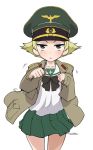  &gt;:&lt; :&lt; black_neckwear blonde_hair blouse blush bow bowtie brown_eyes brown_jacket closed_mouth commentary cowboy_shot erwin_(girls_und_panzer) frown girls_und_panzer goggles goggles_on_headwear green_hat green_skirt hat jacket long_sleeves looking_at_viewer military military_hat military_jacket military_uniform miniskirt motion_lines ooarai_school_uniform open_clothes open_jacket paw_pose peaked_cap pleated_skirt pointy_hair school_uniform serafuku short_hair simple_background skirt sleeves_past_wrists solo standing staring uniform v-shaped_eyebrows wata_do_chinkuru white_background white_blouse 