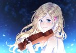  8901_1098 blonde_hair blue_background blue_eyes hair_ornament hairclip instrument long_hair looking_at_viewer miyazono_kawori shigatsu_wa_kimi_no_uso smile solo upper_body violin 