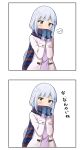  2koma bangs basa_rutan blue_bow blue_eyes blue_hair blue_mittens blush bow coat comic covered_mouth eighth_note enpera eyebrows_visible_through_hair hair_ornament hairclip hands_up highres idolmaster idolmaster_million_live! long_hair long_sleeves looking_at_viewer mittens multicolored multicolored_clothes multicolored_scarf musical_note open_clothes open_coat open_mouth pink_sweater scarf shiraishi_tsumugi spoken_musical_note sweater translation_request very_long_hair white_background white_coat 