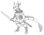  2014 anthro armor black_and_white digital_media_(artwork) digitigrade dragon fur furred_dragon hair male melee_weapon mirroidal mirroidal_dragon monochrome shield simple_background sketch soldier solo sword weapon white_background 