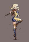  ass blonde_hair blue_eyes breasts brown_background commentary final_fantasy final_fantasy_xii full_body greaves hjay holding holding_weapon long_hair low_twintails medium_breasts pauldrons penelo reverse_grip short_sword sketch solo spinning standing sword tiptoes twintails unitard vambraces weapon 