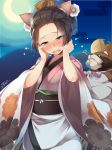  ? animal_ears bangs_pinned_back blush brown_hair cat_ears cloud comb commentary_request crescent_moon dated egasumi floral_print flower forehead gradient_clothes gradient_kimono green_eyes hair_flower hair_ornament half-closed_eyes hat head_tilt highres japanese_clothes kimono kokka_han long_sleeves moon night night_sky nose_blush obi oboro_muramasa okoi_(oboro_muramasa) open_mouth outdoors pink_kimono print_kimono sash signature sky solo straw_hat sweat tanuki torn_clothes torn_hat wavy_mouth white_flower white_kimono wide_sleeves 