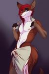  2018 5_fingers anthro blue_eyes canine clothed clothing detailed_background digital_media_(artwork) hair mammal midriff navel nipples purple_background red_hair simple_background smile topless towel whiteabigail 