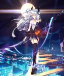  absurdres bare_shoulders black_legwear blue_eyes blurry blurry_background building cityscape collarbone colored_eyelashes commentary_request dress highres holding holding_weapon horns jack-o'-lantern long_hair night night_sky original short_dress silver_hair sky solo sword thighhighs weapon zipplin 