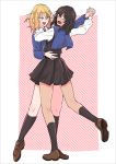  andou_(girls_und_panzer) arm_around_neck arm_around_waist bangs bc_freedom_school_uniform black_border black_hair black_legwear black_skirt blonde_hair blue_eyes blue_neckwear blue_sweater border brown_eyes brown_footwear cardigan dancing dark_skin diagonal-striped_background diagonal_stripes dress_shirt from_behind frown full_body girls_und_panzer highres holding_hands kani_aruki_(bucket_crawl) kneehighs loafers long_sleeves looking_at_another looking_at_viewer looking_back medium_hair miniskirt multiple_girls necktie open_mouth oshida_(girls_und_panzer) pleated_skirt red_background red_neckwear shirt shoes skirt smile standing striped striped_background striped_neckwear sweater sweater_around_neck white_shirt wing_collar 