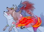  2011 all_fours amaterasu bite blush canine deity doggystyle domination female feral fire from_behind_position fur group invalid_tag kai_(okami) male mammal oki_(okami) paper-wings sex side_view smile video_games wolf ōkami 