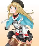  alternate_costume belt black_skirt blonde_hair blue_eyes closed_mouth commentary_request cosplay gradient gradient_background highres jacket jervis_(kantai_collection) kantai_collection long_hair long_sleeves looking_at_viewer miniskirt no_legwear panties papakha red_shirt scarf shirt simple_background skirt solo tama_(seiga46239239) tashkent_(kantai_collection) tashkent_(kantai_collection)_(cosplay) torn_scarf underwear white_panties white_scarf wind wind_lift 