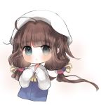  :&lt; ahoge bad_id bad_pixiv_id beret blue_dress blue_eyes blush brown_hair closed_mouth cottontailtokki cropped_torso dress hands_up hat hinatsuru_ai long_hair long_sleeves looking_at_viewer low_twintails ryuuou_no_oshigoto! school_uniform sleeves_past_fingers sleeves_past_wrists solo twintails upper_body very_long_hair white_background white_hat yellow_neckwear 