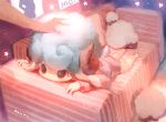  :&gt; afro animal_ears artist_name barefoot blue_hair couch horns long_sleeves looking_up lying male_focus manino_(mofuritaionaka) on_stomach original petting sheep sheep_boy sheep_ears sheep_horns sheep_tail sleeping solo_focus star tail 