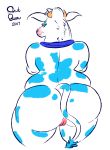  2017 anthro big_butt blue_eyes blue_spots bovine butt cattle digital_media_(artwork) eyeshadow female fur horn lactaid lactaid_cow looking_at_viewer looking_back makeup mammal mascot nude pussy rear_view simple_background slightly_chubby smutbooru solo spots standing thick_thighs white_background white_fur wide_hips 