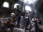  agent_(girls_frontline) alchemist_(girls_frontline) arms_up baton_(instrument) black_dress black_gloves black_hair black_legwear bow_(instrument) breasts brown_eyes cello cishi_nianshao cleavage closed_eyes conductor curly_hair detached_sleeves double_bun dress eyepatch fingerless_gloves gas_mask girls_frontline gloves green_eyes hair_ornament hairclip highres holding hunter_(girls_frontline) instrument large_breasts long_hair long_sleeves maid maid_headdress medium_breasts midriff multiple_girls music playing_instrument rubble sangvis_ferri scarecrow_(girls_frontline) short_sleeves silver_hair sitting standing straight_hair striped thighhighs twintails violin window yellow_eyes 