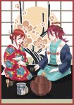  1girl absurdres ahoge closed_eyes cup father_and_daughter fire_emblem fire_emblem_if highres japanese_clothes kimono matoi_(fire_emblem_if) red_hair tea teacup traditional_clothes tsubaki_(fire_emblem_if) 