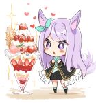  1girl afterimage animal_ears aqua_bow black_skirt blush_stickers bow chibi commentary ear_bow eyebrows_visible_through_hair food heart highres horse_ears horse_girl horse_tail long_hair long_sleeves mejiro_mcqueen_(umamusume) motion_lines nut_megu open_mouth oversized_food parfait pleated_skirt purple_eyes purple_hair simple_background skirt solo tail umamusume white_background 