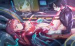  2girls black_hair blush breasts clothed_sex commentary_request darling_in_the_franxx hetero highres hiro_(darling_in_the_franxx) horns ichigo_(darling_in_the_franxx) kvpk5428 multiple_girls netorare nipple_piercing nipples piercing pink_hair restrained sex sex_machine small_breasts stationary_restraints zero_two_(darling_in_the_franxx) 