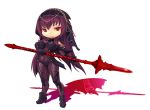  ankle_boots armor artist_name bangs black_footwear bodysuit boots breasts chibi closed_mouth covered_navel eyebrows_visible_through_hair fate/grand_order fate_(series) full_body gae_bolg high_heel_boots high_heels holding holding_weapon legs_apart looking_at_viewer medium_breasts pauldrons purple_bodysuit purple_hair red_eyes scathach_(fate)_(all) scathach_(fate/grand_order) shadow shiny shiny_clothes shoulder_armor simple_background skin_tight smile solo standing straight_hair thanabis tsurime veil weapon white_background 