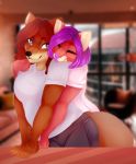  2017 5_fingers anthro black_nose blurred_background breasts brown_hair canine clothed clothing digital_media_(artwork) duo female hair kristiana_puff mammal purple_hair purple_nose smile 