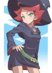  amanda_o'neill blush breasts gazacy_(dai) green_eyes hand_on_hip hat highres little_witch_academia looking_at_viewer orange_hair short_hair small_breasts solo witch_hat 