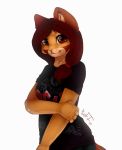  2016 5_fingers breasts clothed clothing digital_media_(artwork) feline female fur hair kristiana_puff mammal red_eyes red_hair simple_background smile solo tan_fur white_background 