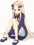  abigail_williams_(fate/grand_order) bangs black_bow black_dress black_footwear blonde_hair bloomers blue_eyes blush bow bug butterfly closed_mouth commentary_request dress eyebrows_visible_through_hair fate/grand_order fate_(series) forehead full_body hair_bow highres insect kohakope leg_hug long_hair long_sleeves looking_at_viewer mary_janes no_hat no_headwear orange_bow parted_bangs shoes sitting sleeves_past_fingers sleeves_past_wrists solo underwear very_long_hair white_background white_bloomers 