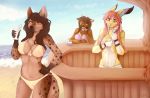  2016 5_fingers anthro bikini bovine brown_eyes brown_fur brown_hair cattle clothed clothing day detailed_background digital_media_(artwork) female fur hair hyena kristiana_puff lagomorph mammal outside rabbit sky smile spots spotted_fur swimsuit yellow_eyes 