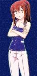  aoyama_nanami blue_background brown_hair crossed_arms jeans long_hair open_mouth ponytail sakura-sou_no_pet_na_kanojo sketch tank_top tomboy yellow_eyes 