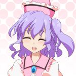  :d ^_^ brooch cato_(monocatienus) closed_eyes commentary_request eyebrows_visible_through_hair facing_viewer frilled_hat frills halftone halftone_background hat jewelry long_hair merlin_prismriver open_mouth puffy_sleeves purple_hair side_ponytail simple_background smile solo touhou upper_body 