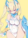  :o arm_support asura_ninja_aoi bangs bare_shoulders blade_(galaxist) blush breasts commentary_request covered_navel elbow_gloves eyebrows_visible_through_hair gloves groin hair_between_eyes head_tilt headgear large_breasts leotard long_hair looking_at_viewer megami_device parted_lips purple_eyes side_ponytail sidelocks simple_background sitting solo very_long_hair white_gloves white_leotard yellow_background 